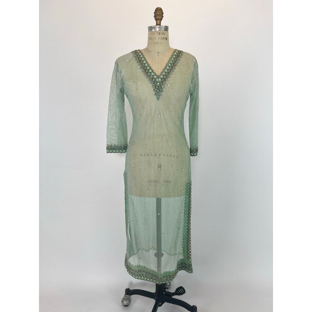 VTG Sheer Beaded Mesh Jalabiya Kurta Dress Mint Kaftan Tunic Embellished Small